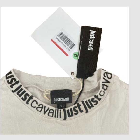 Just Cavalli Ladies Stone Col Cotton Crop T-Shirt with print on neck rib NEW - Picture 3 of 7